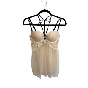 Victoria's Secret Babydoll Womens 36B Blush Pink Black Lace Padded Underwire